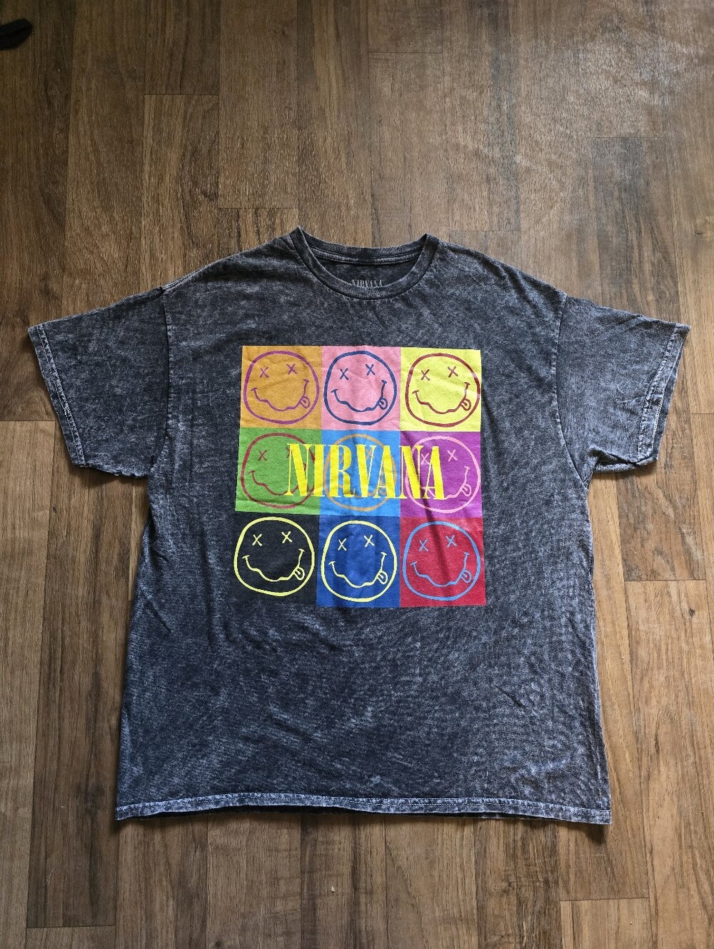 Nirvana Bleached Gray Rainbow Multi Smiley Face Short Sleeve Shirt Adult Medium